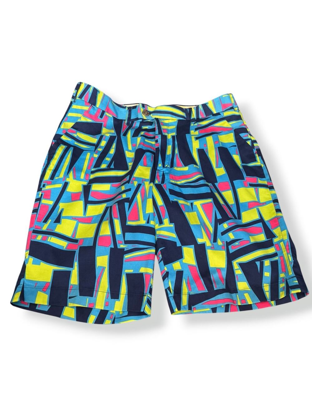 Loudmouth Golf Shorts Mens 34 Blue Neon Geometric Art Print Stretch Flat Front